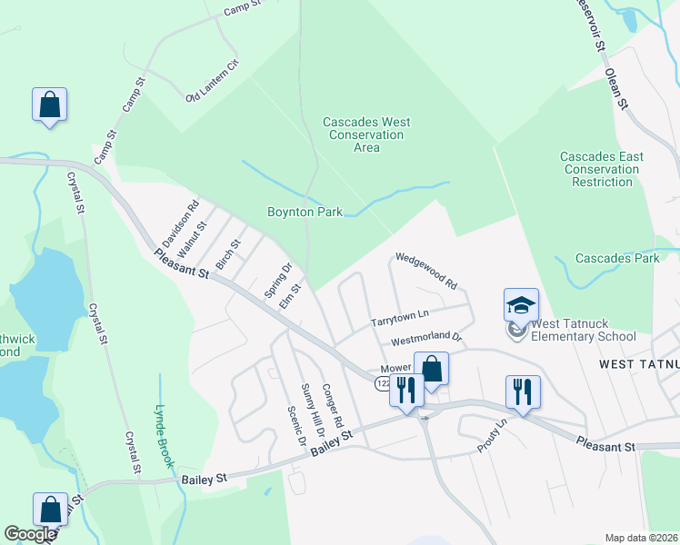 map of restaurants, bars, coffee shops, grocery stores, and more near 50 Boynton Parkway in Paxton