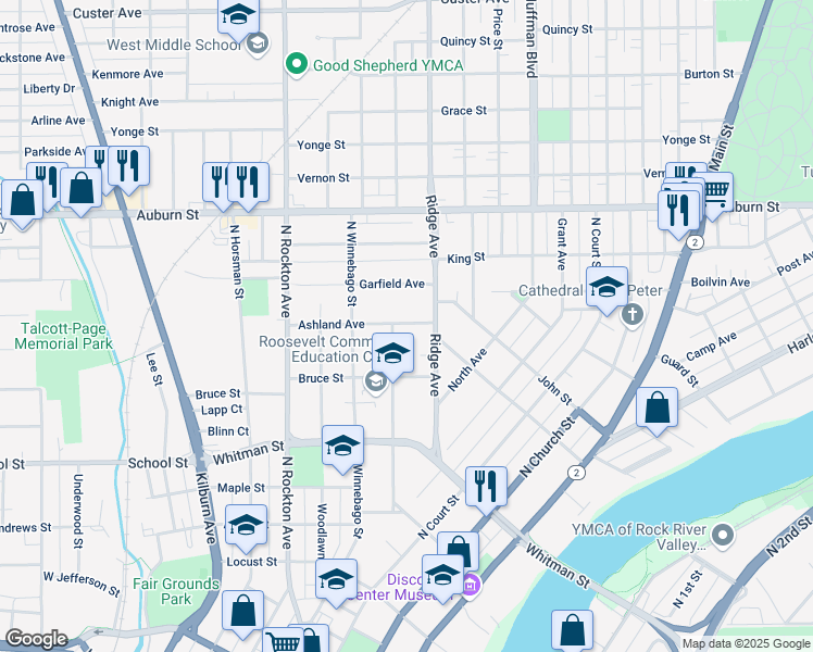 map of restaurants, bars, coffee shops, grocery stores, and more near 628 Ashland Avenue in Rockford