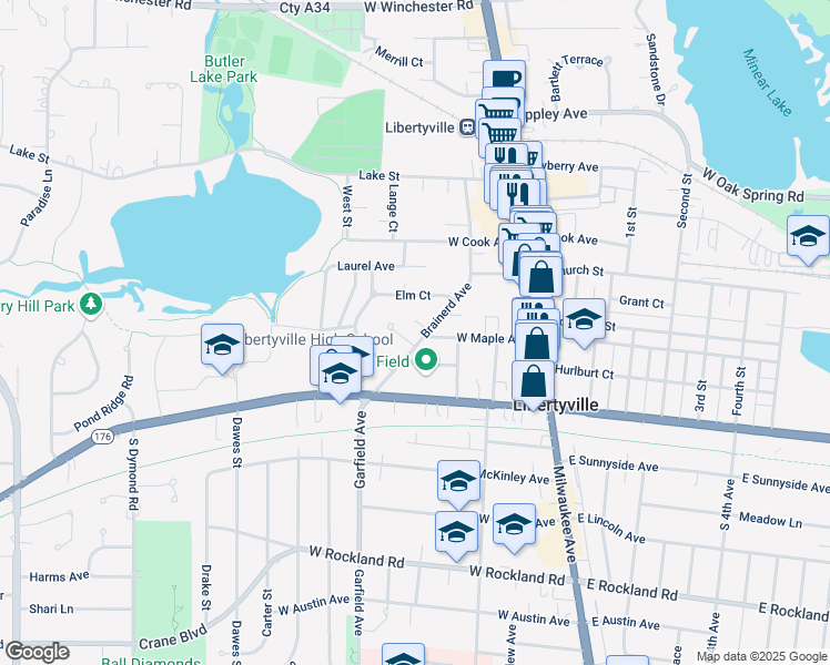 map of restaurants, bars, coffee shops, grocery stores, and more near 303 Brainerd Avenue in Libertyville