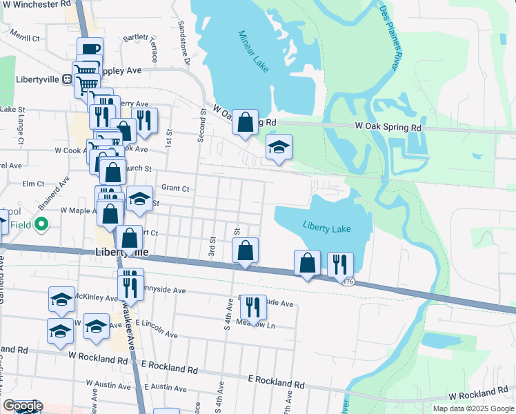 map of restaurants, bars, coffee shops, grocery stores, and more near 621 Broadway in Libertyville