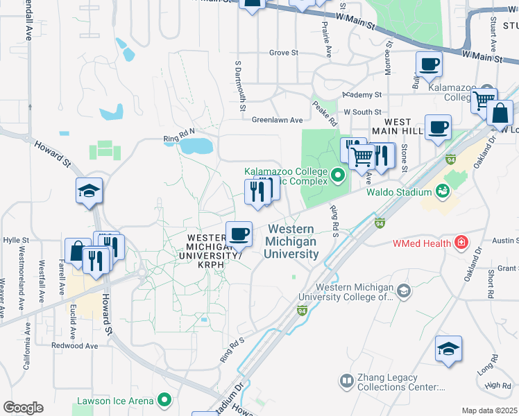 map of restaurants, bars, coffee shops, grocery stores, and more near 1903 West Michigan Avenue in Kalamazoo