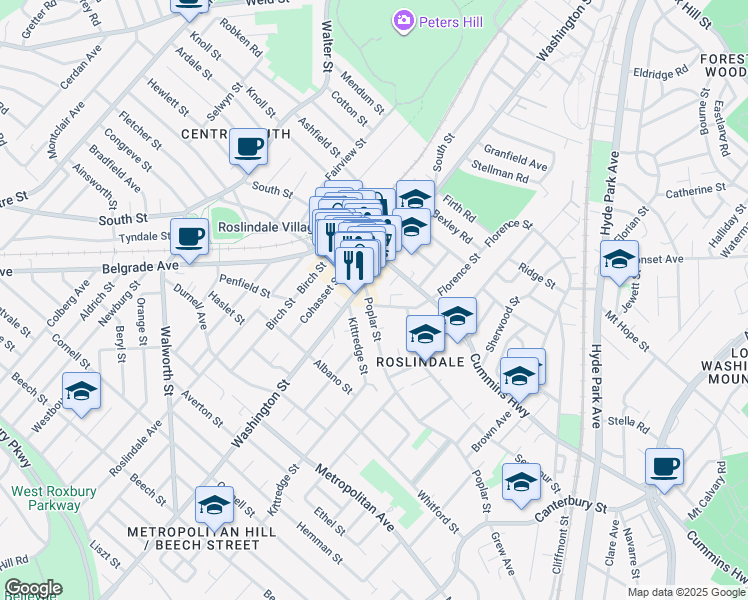 map of restaurants, bars, coffee shops, grocery stores, and more near 2 Florence Street in Boston