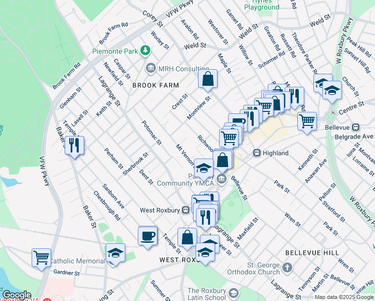 map of restaurants, bars, coffee shops, grocery stores, and more near 87 Mount Vernon Street in Boston