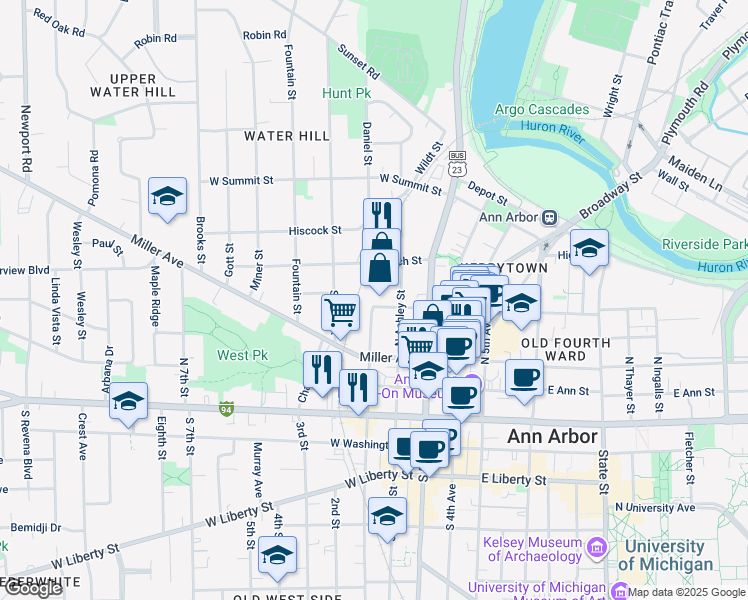 map of restaurants, bars, coffee shops, grocery stores, and more near 218 West Kingsley Street in Ann Arbor