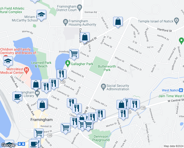 map of restaurants, bars, coffee shops, grocery stores, and more near 83 Arthur Street in Framingham