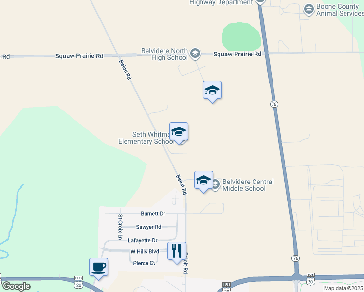 map of restaurants, bars, coffee shops, grocery stores, and more near 8989 Beloit Road in Belvidere