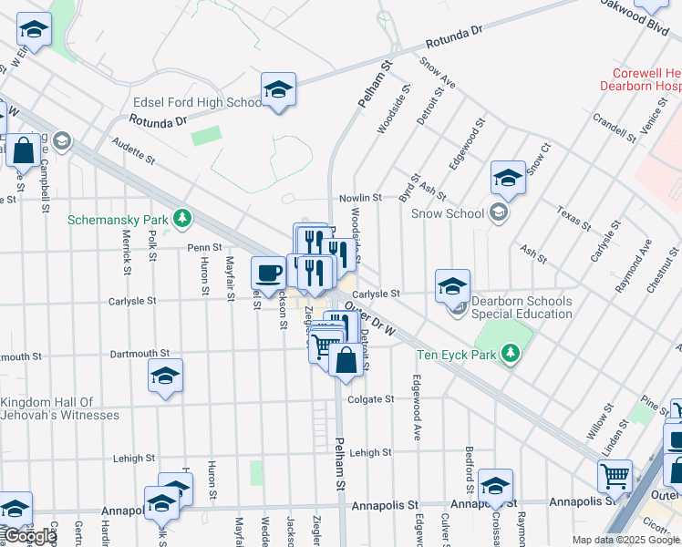 map of restaurants, bars, coffee shops, grocery stores, and more near 3544 Pelham Street in Dearborn