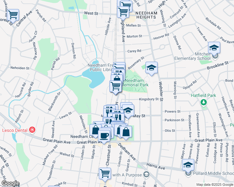 map of restaurants, bars, coffee shops, grocery stores, and more near 1257 Highland Avenue in Needham