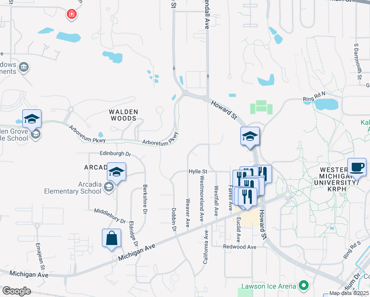 map of restaurants, bars, coffee shops, grocery stores, and more near 704 Weaver Avenue in Kalamazoo