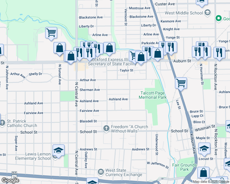 map of restaurants, bars, coffee shops, grocery stores, and more near 1308 Sherman Avenue in Rockford