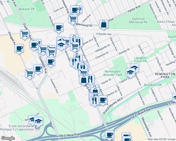 map of restaurants, bars, coffee shops, grocery stores, and more near in Windsor