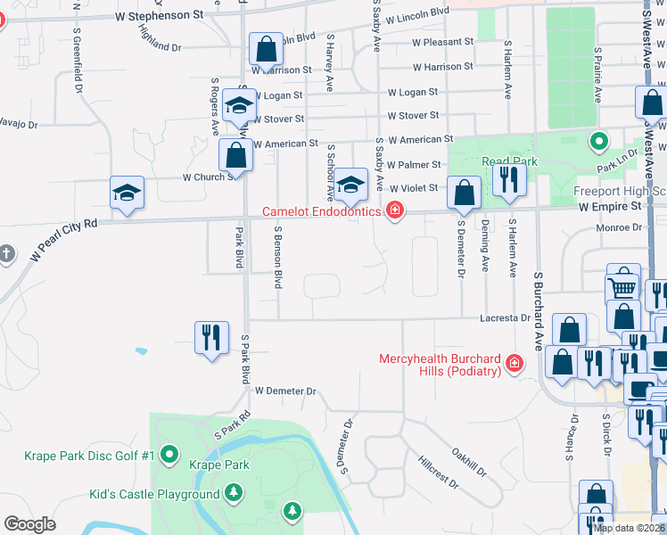 map of restaurants, bars, coffee shops, grocery stores, and more near 1442 Bolkinwood Drive in Freeport