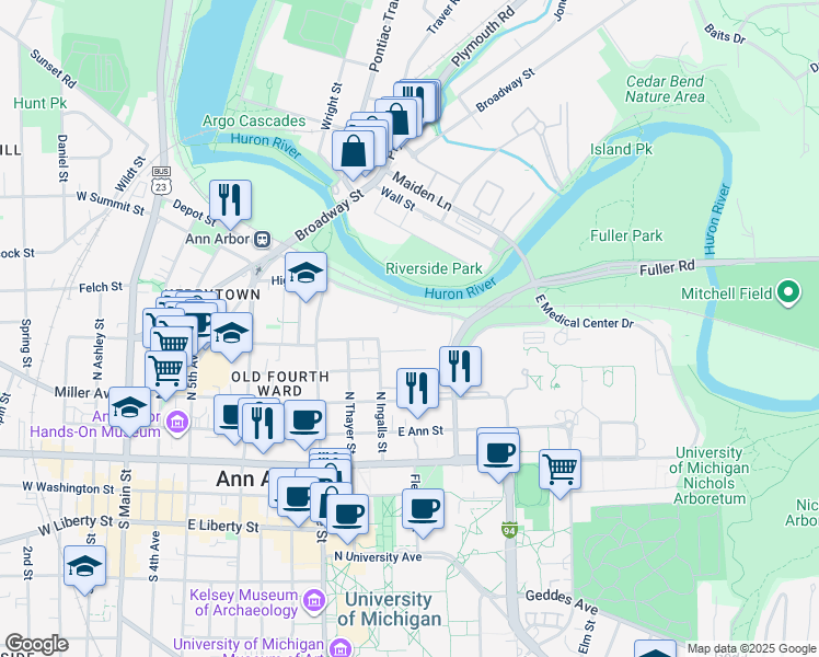 map of restaurants, bars, coffee shops, grocery stores, and more near 1005 Cornwell Place in Ann Arbor