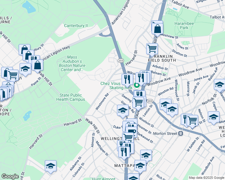 map of restaurants, bars, coffee shops, grocery stores, and more near 4 Westmore Road in Boston