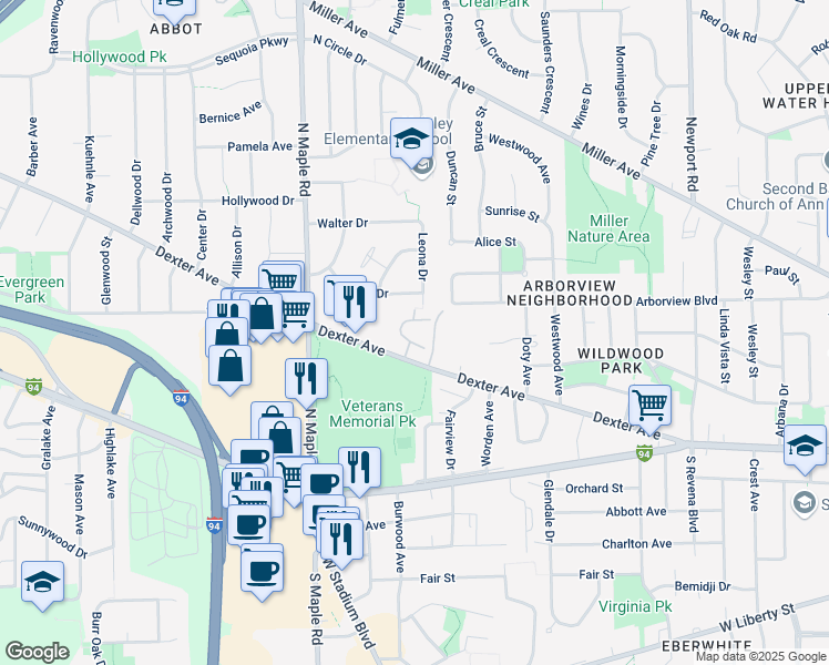 map of restaurants, bars, coffee shops, grocery stores, and more near 2230 Dexter Avenue in Ann Arbor