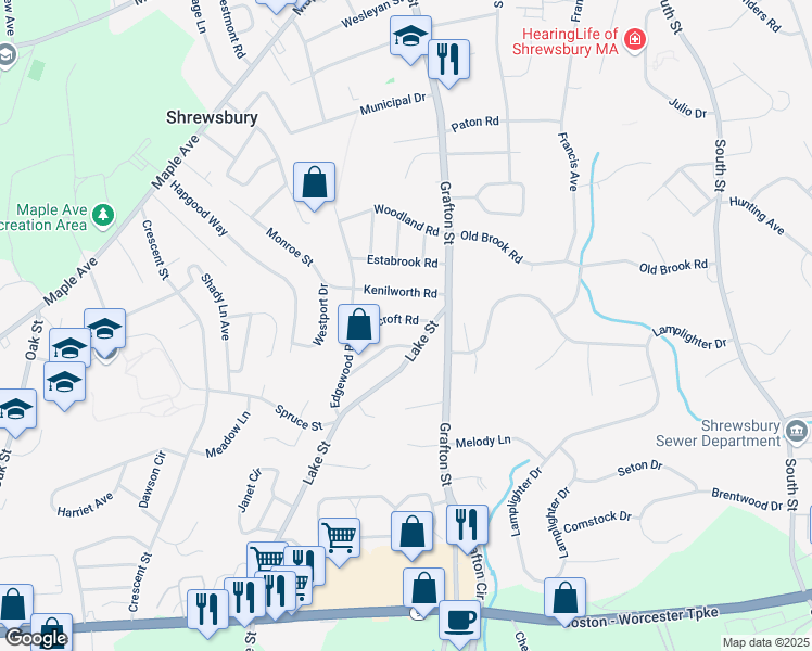 map of restaurants, bars, coffee shops, grocery stores, and more near 11 Ferncroft Road in Shrewsbury