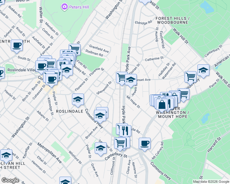 map of restaurants, bars, coffee shops, grocery stores, and more near 443 Hyde Park Avenue in Boston