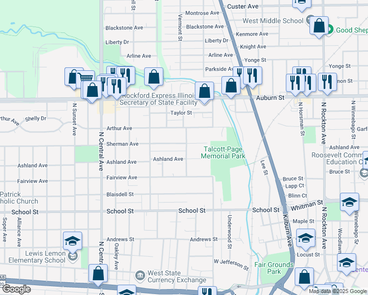 map of restaurants, bars, coffee shops, grocery stores, and more near 1204 Sherman Avenue in Rockford