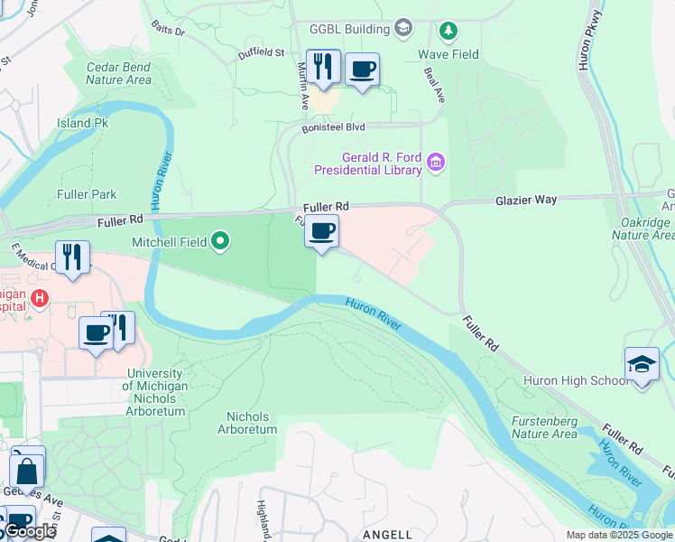map of restaurants, bars, coffee shops, grocery stores, and more near 2222 Fuller Court in Ann Arbor