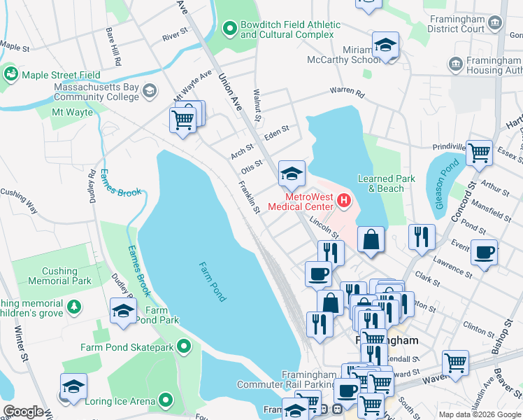 map of restaurants, bars, coffee shops, grocery stores, and more near 8 Melrose Street in Framingham