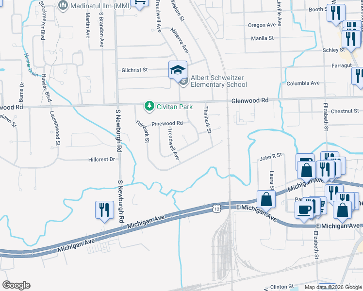 map of restaurants, bars, coffee shops, grocery stores, and more near 36884 Greenbush Road in Wayne