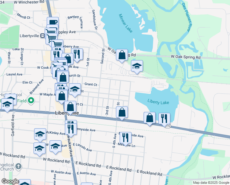 map of restaurants, bars, coffee shops, grocery stores, and more near 518 Broadway Street in Libertyville