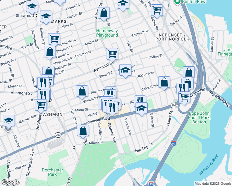 map of restaurants, bars, coffee shops, grocery stores, and more near 722 Adams Street in Boston