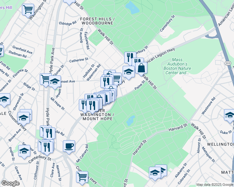 map of restaurants, bars, coffee shops, grocery stores, and more near 93 Paine Street in Boston