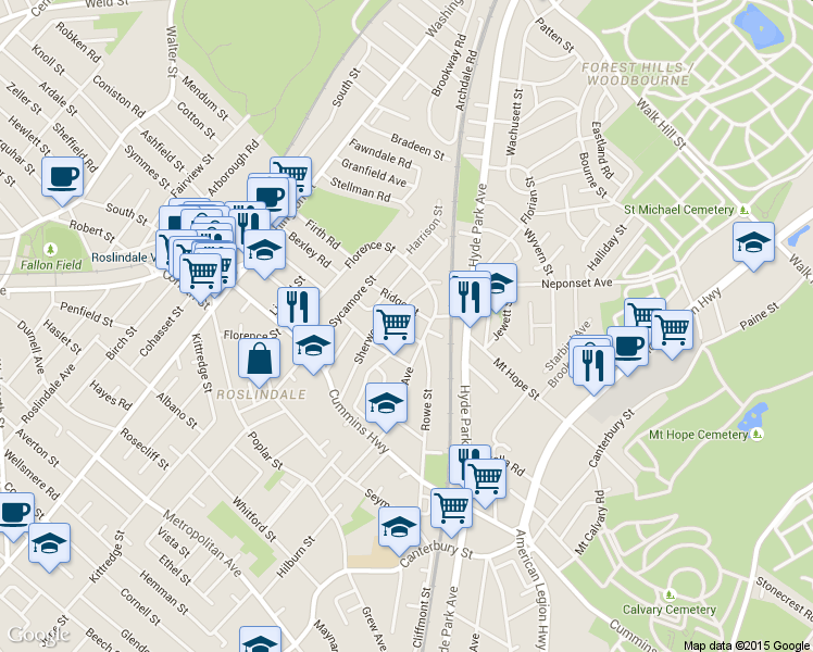 map of restaurants, bars, coffee shops, grocery stores, and more near 7 Gardenside Street in Boston