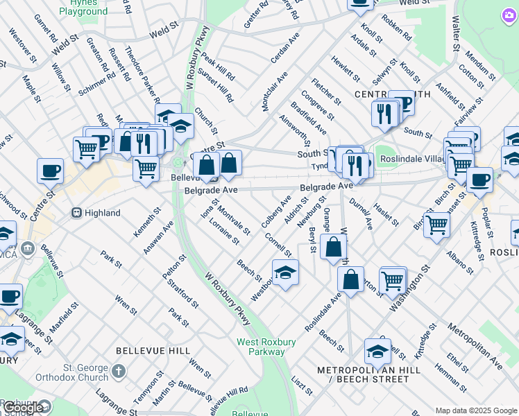 map of restaurants, bars, coffee shops, grocery stores, and more near 43 Colberg Avenue in Boston
