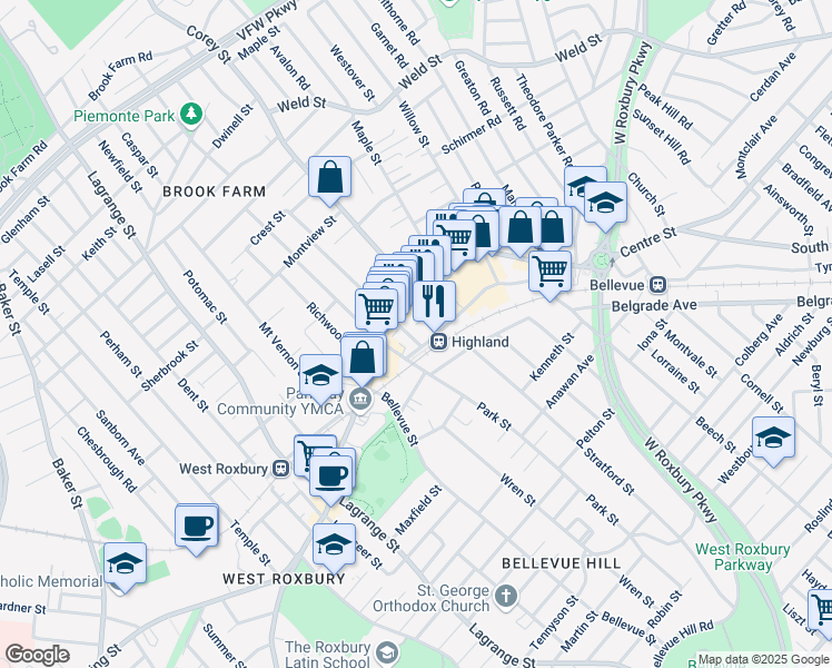 map of restaurants, bars, coffee shops, grocery stores, and more near 16 Hastings Street in Boston