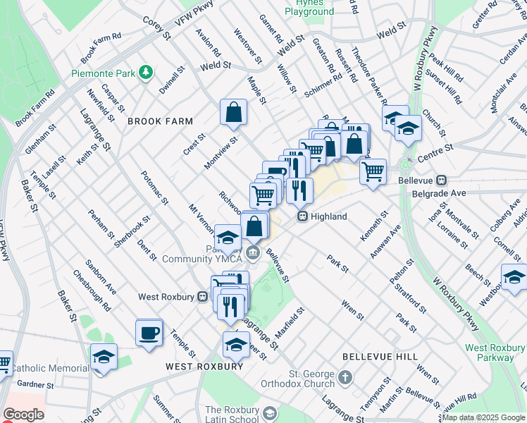 map of restaurants, bars, coffee shops, grocery stores, and more near 1911 Centre Street in Boston