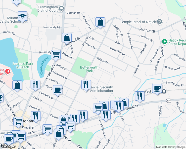 map of restaurants, bars, coffee shops, grocery stores, and more near 27 Bishop Drive in Framingham