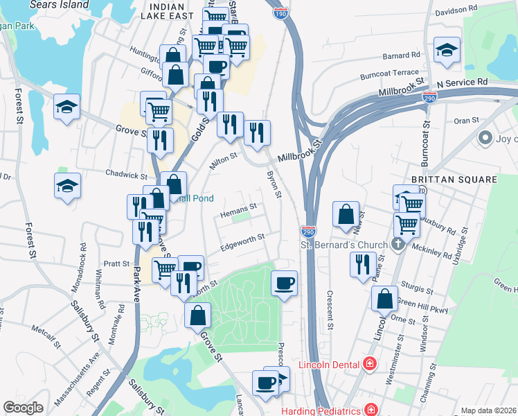 map of restaurants, bars, coffee shops, grocery stores, and more near 6 Whittier Street in Worcester
