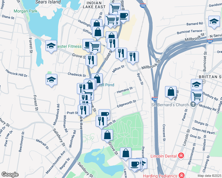 map of restaurants, bars, coffee shops, grocery stores, and more near 7 Brookfield Street in Worcester