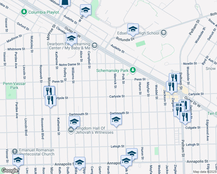 map of restaurants, bars, coffee shops, grocery stores, and more near 3605 Harding Street in Dearborn