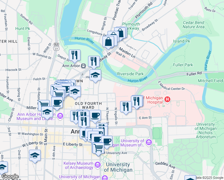 map of restaurants, bars, coffee shops, grocery stores, and more near 813 East Kingsley Street in Ann Arbor