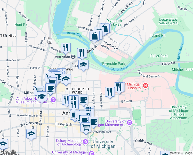 map of restaurants, bars, coffee shops, grocery stores, and more near 813 East Kingsley Street in Ann Arbor