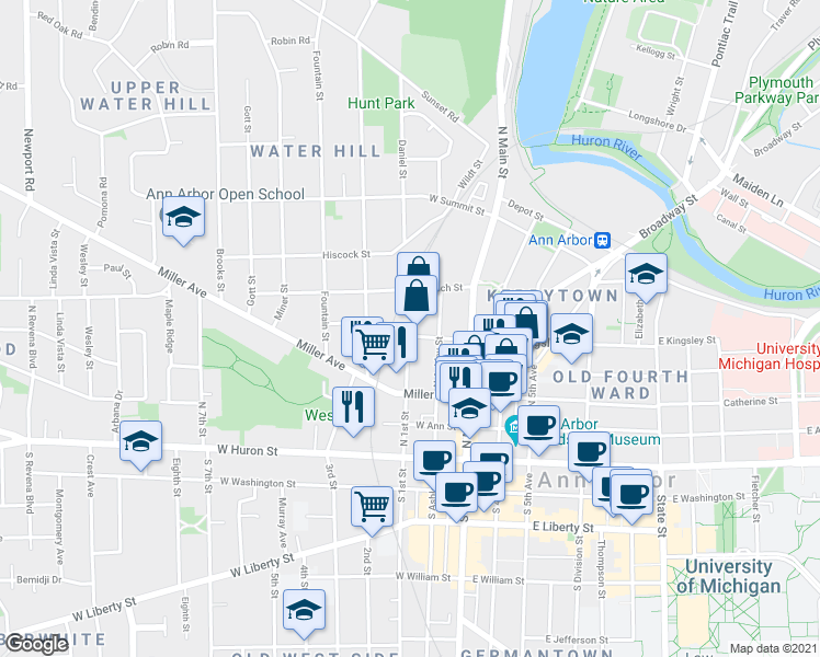 map of restaurants, bars, coffee shops, grocery stores, and more near 218 West Kingsley Street in Ann Arbor