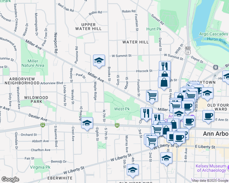 map of restaurants, bars, coffee shops, grocery stores, and more near 727 Miller Avenue in Ann Arbor
