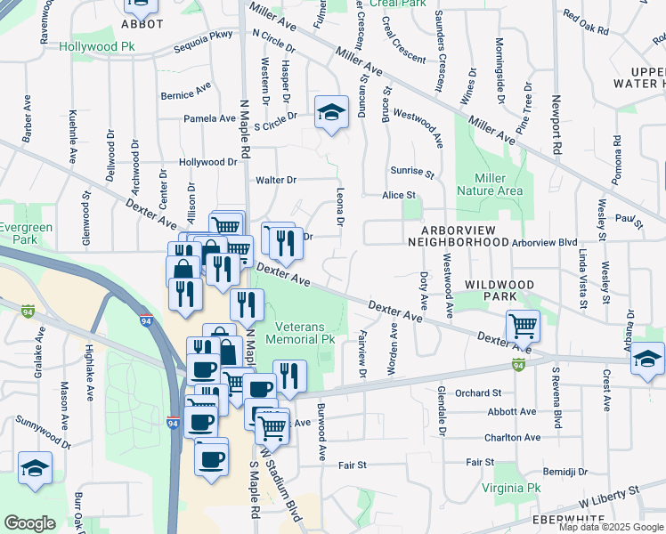 map of restaurants, bars, coffee shops, grocery stores, and more near 2230 Dexter Avenue in Ann Arbor