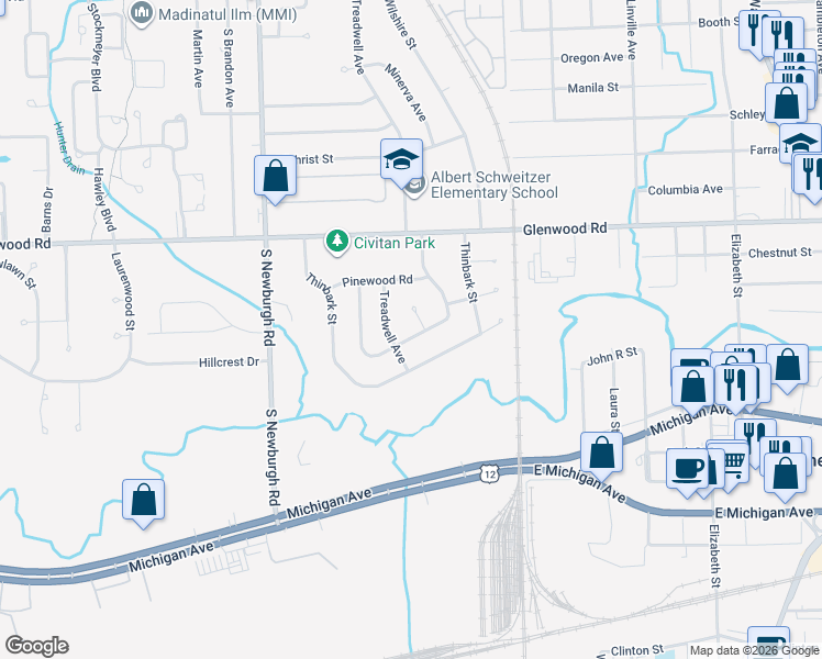 map of restaurants, bars, coffee shops, grocery stores, and more near 36884 Greenbush Road in Wayne