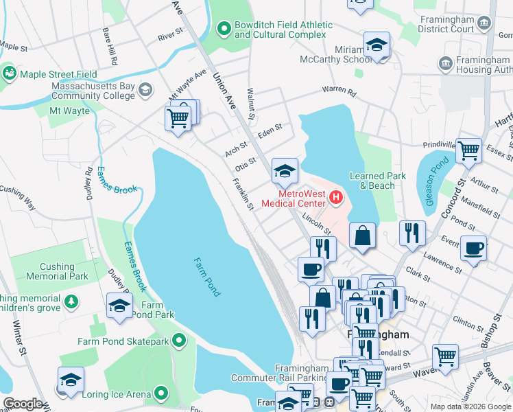 map of restaurants, bars, coffee shops, grocery stores, and more near 8 Melrose Street in Framingham