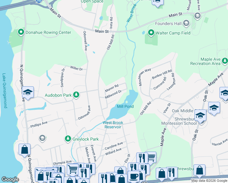 map of restaurants, bars, coffee shops, grocery stores, and more near 30 Millwood Drive in Shrewsbury