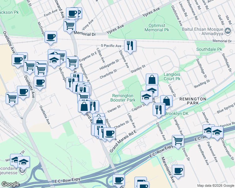 map of restaurants, bars, coffee shops, grocery stores, and more near 686 Edinborough Street in Windsor