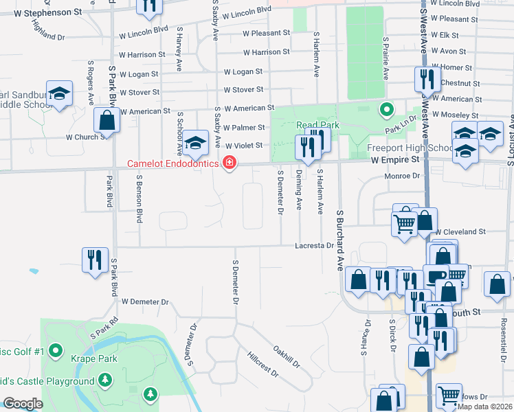 map of restaurants, bars, coffee shops, grocery stores, and more near 1323 Empire Court in Freeport