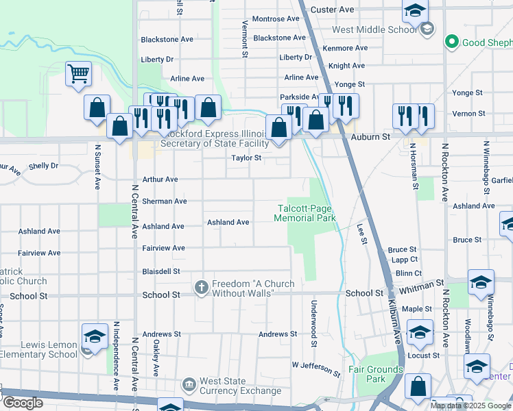 map of restaurants, bars, coffee shops, grocery stores, and more near 1204 Sherman Avenue in Rockford