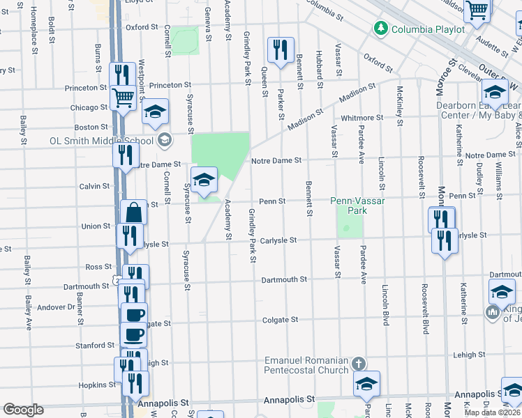 map of restaurants, bars, coffee shops, grocery stores, and more near 23239 Penn Street in Dearborn