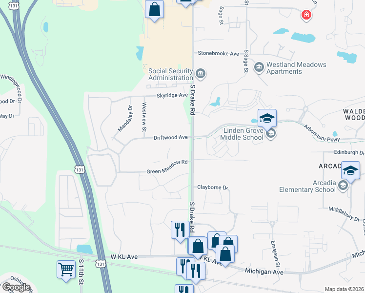 map of restaurants, bars, coffee shops, grocery stores, and more near 5032 Green Meadow Road in Kalamazoo