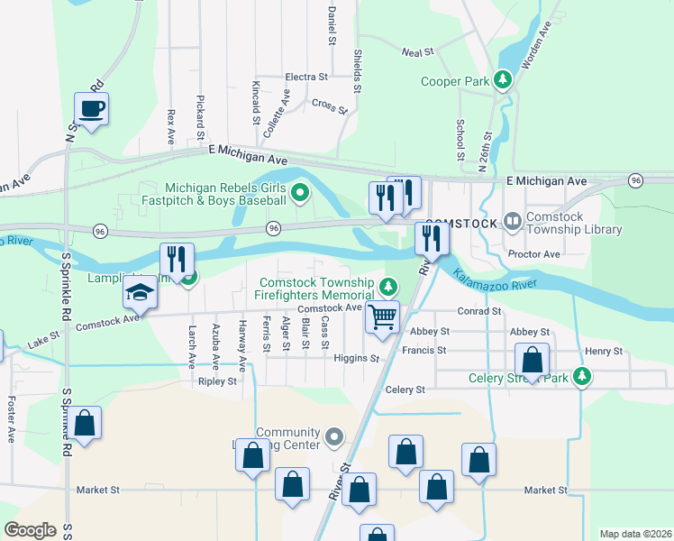 map of restaurants, bars, coffee shops, grocery stores, and more near 328 Rystock Street in Kalamazoo